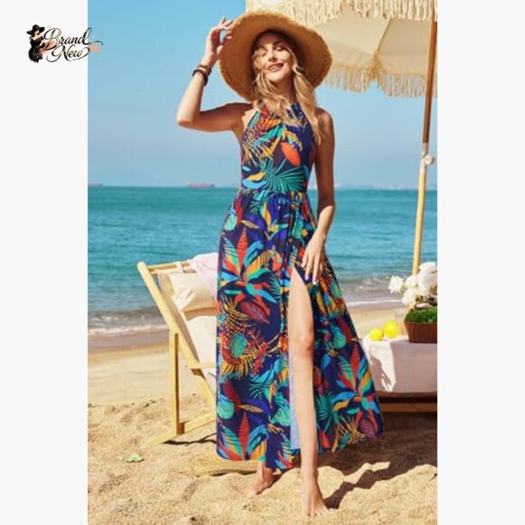 Summer Floral Beach Flowy Split Maxi Long Dress with Pockets - Picture 2 of 7